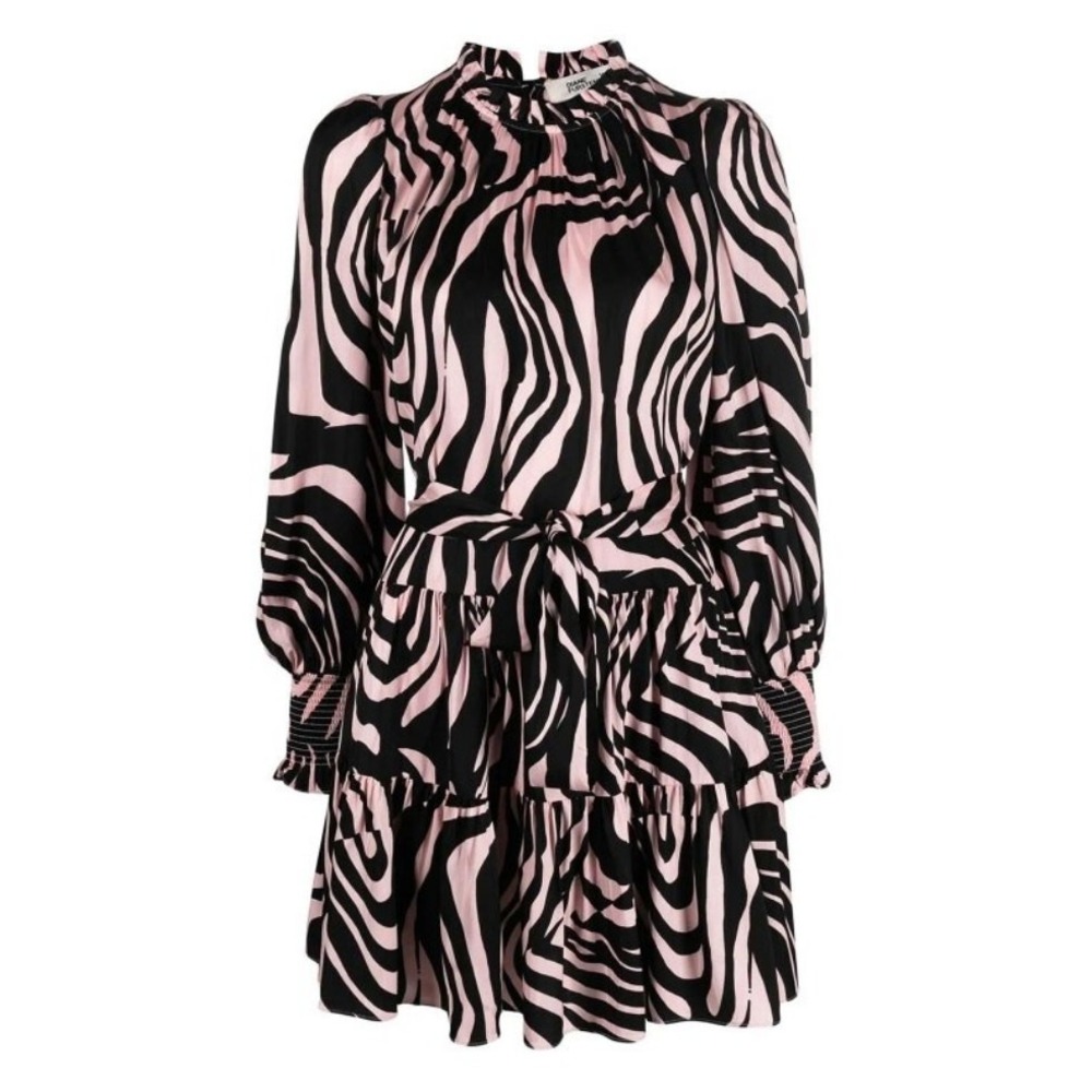Diane Von Furstenberg Kali Ruffle Dress 14 Zebra Stripe Pink Black Luxe Boho